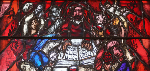 God bears the guilt of all mankind, detail of stained glass window by Sieger Koder in church of...