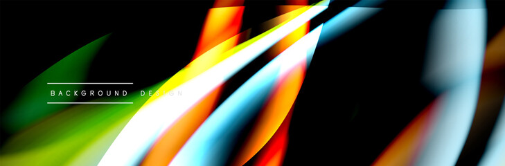 Сolorful flow poster. Wave liquid lines and shapes in black color background. Vector Illustration