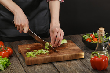 Woman cooking fresh vegetable salad. Female hands. Diet concept for healthy lifestyle with copyspace.
