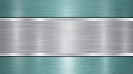 Background consisting of a light blue shiny metallic surface and one horizontal polished silver plate located centrally, with a metal texture, glares and burnished edges