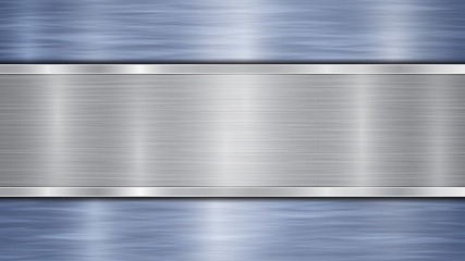 Background consisting of a blue shiny metallic surface and one horizontal polished silver plate located centrally, with a metal texture, glares and burnished edges