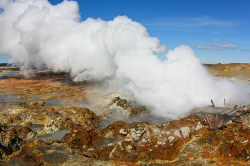 Steaming earth in Iceland. The exit of surface pair, an active geyser