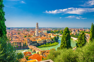 Aerial view of Verona historical city centre, Ponte Pietra bridge across Adige river, Verona...