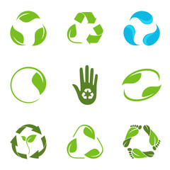 Set of alternative versions of recycling symbol with leaves and water droplets
