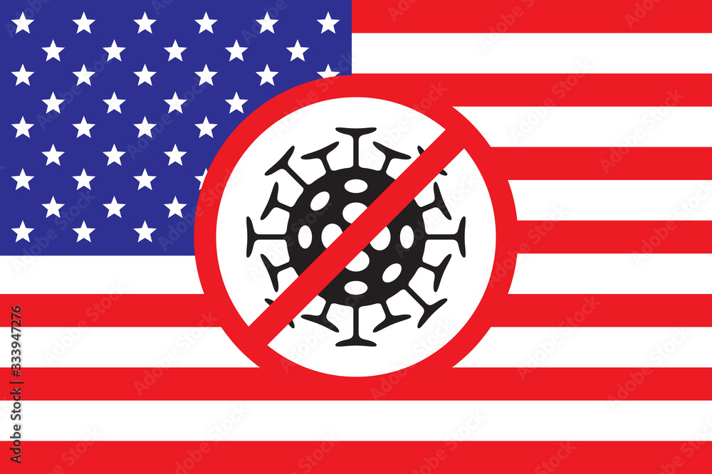 Wall mural vector illustration of the usa flag with a covid-19 virus cell and prohibit sign. banner on the them