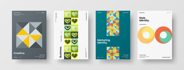 Business presentation vector A4 vertical orientation front page mock up set. Corporate report cover abstract geometric illustration design layout bundle. Company identity brochure template collection.