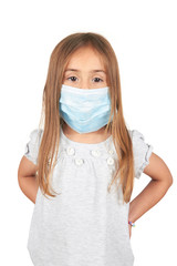 Portrait of a baby girl wearing medical mask on white background