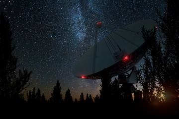 Radio telescope, a large satellite dish against the night sky tracks the stars. Technology concept,...