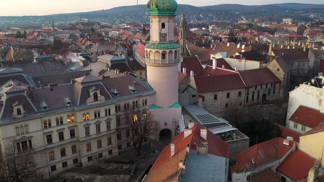 Aerial video of medieval Sopron with fire tower