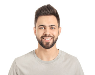 Handsome man with healthy hair on white background