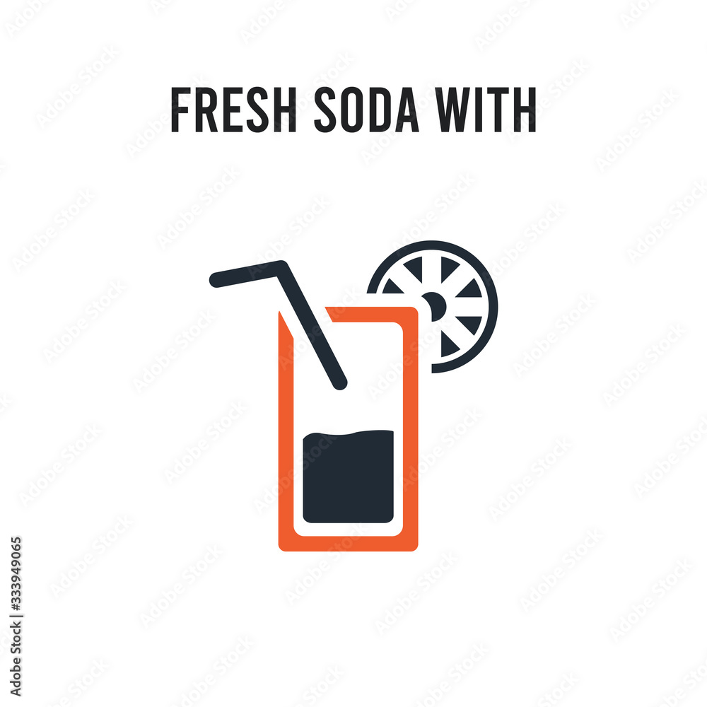 Poster fresh soda with lemon slice and straw vector icon on white background. red and black colored fresh s