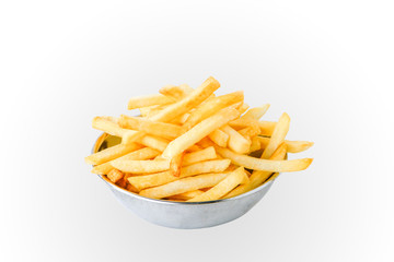 Delicious French fries on a separate stainless steel cup on a white background.