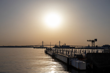 Fototapeta premium Yokohama Bay Bridge w porannym słońcu (Lokalizacja: Park Rinko)