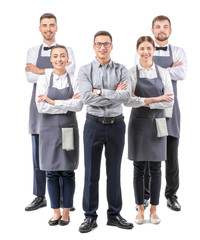 Group of waiters with teacher on white background