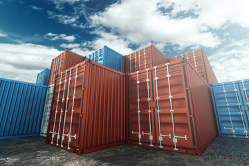 Fototapeta premium Sea containers against the blue sky, industrial port with containers. Logistics concept, fast delivery. mixed media, copy space.