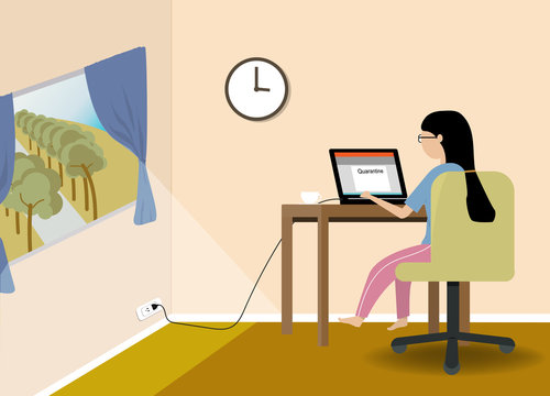 Woman Works From Her Home Vector Ilustration