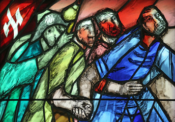 Naklejka na ściany i meble Come, Follow me, detail of stained glass window by Sieger Koder in Chapel in the Jesuit cemetery in Pullach, Germany