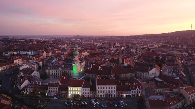 Aerial video of medieval Sopron with fire tower