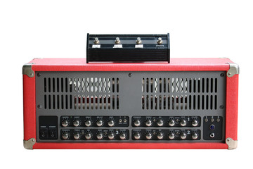 Isolated red modern head amplifier with white background.