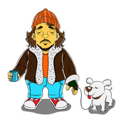 A Guy stands with a dog bound in the street and begs for money with cans because of the financial crisis hand drawn style Cartoon Vector