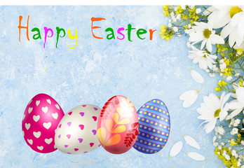 Illustration of Happy Easter Holiday with Painted Egg, Rabbit Ears and Flower on Colorful Background. International Spring Celebration Design with Typography for Greeting Card, Party Invitation