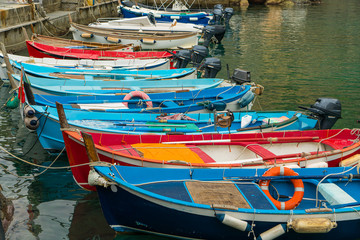 Fototapeta na wymiar Small colorful fisherman boats park at the pier in Manarola town, Cinque terre, Italy