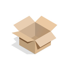 A miniature open box with a flat shadow for online stores, delivery services, advertising, a supplier of goods. Isometric style. 3D rendering.