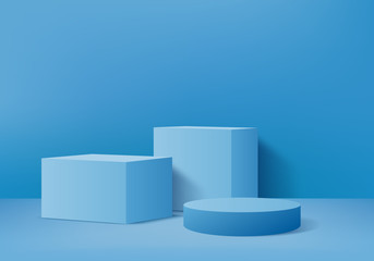 Background vector 3d blue rendering with podium and minimal blue wall scene, minimal abstract background 3d rendering abstract geometric shape blue pastel color. Stage for awards on website in modern.
