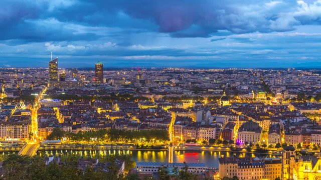 Lyon skyline aerial view france city panoramic view time lapse footage from day to night, lyon skyscrapers