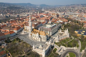 Empty tourist destination in Budapest, Hungary. People stay at home in self quarantine curfew, during the COVID-19 coronavirus.  Matthias church, Buda castle, Fisherman's bastion in abandoned view. 