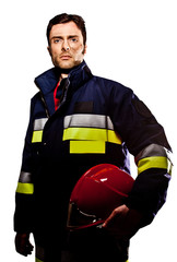 Firefighter with helmet. Isolated white background.