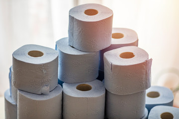 Toilet paper roll. Concept of lack of toilet paper in stores due to coronavirus, Covid-19, hygiene, panic. Toilet paper rolls bathroom tissue hoarding on store shelf