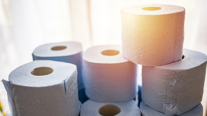 Toilet paper roll. Concept of lack of toilet paper in stores due to coronavirus, Covid-19, hygiene, panic. Toilet paper rolls bathroom tissue hoarding on store shelf