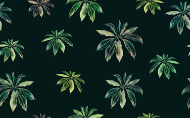 Watercolor painting colorful leaf seamless pattern on dark background.Watercolor hand drawn illustration palm leaves tropical exotic leaf prints for wallpaper,textile Hawaii aloha jungle style pattern