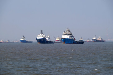 Commercial ship at anchor in the Arabian Sea outside Mumbai, India