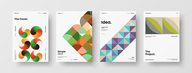 Business presentation vector A4 vertical orientation front page mock up set. Corporate report cover abstract geometric illustration design layout bundle. Company identity brochure template collection.