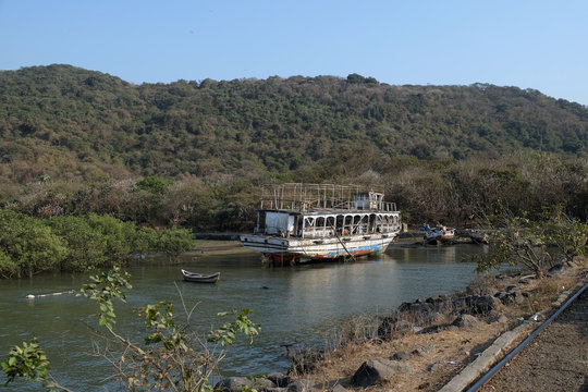 Abandoned tourist boat on Elefanta Island near Mumbai, India