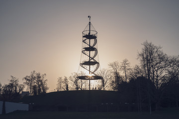 Silhouette view of Killesberg park tower at sunset, Stuttgart, Germany