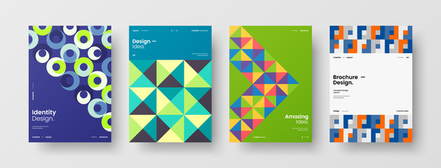 Obraz premium Business presentation vector A4 vertical orientation front page mock up set. Corporate report cover abstract geometric illustration design layout bundle. Company identity brochure template collection.