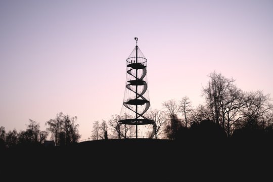 Silhouette view of Killesberg park tower at twilight, Stuttgart, Germany