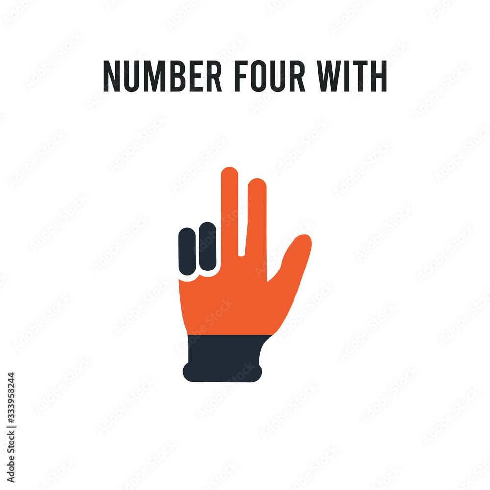 Poster number four with four finger vector icon on white background. red and black colored number four with