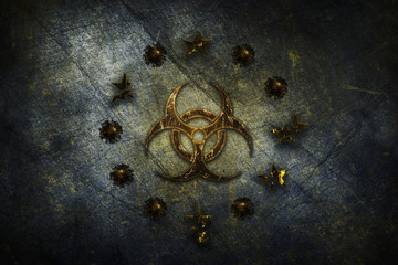 Coronavirus, COVID-19 outbreak pandemic all over European Union. Biohazard sign and Corona Bacteria over Infected EU flag illustration