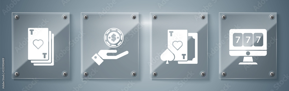 Sticker Set Online slot machine with lucky sevens jackpot, Playing card with heart, Hand holding casino chips and Playing card with heart. Square glass panels. Vector