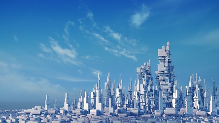 Science fiction cityscape with blue sky. Futuristic architecture design. 3D rendering © CROCOTHERY