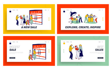 Sale, Discount and Special Offer. Food Photographer Job Landing Page Template Set. People Stand in Queue Waiting Shop Doors Opening. Characters Make Meal Photo for Cafe Ad. Linear Vector Illustration