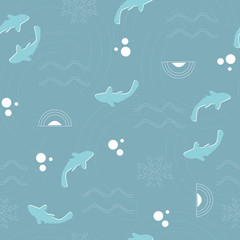 Marine seamless pattern in japanese style. Vector fish on a blue background with a pattern of waves. Endless ornament for decorating paper for packaging, bedding and fabric.