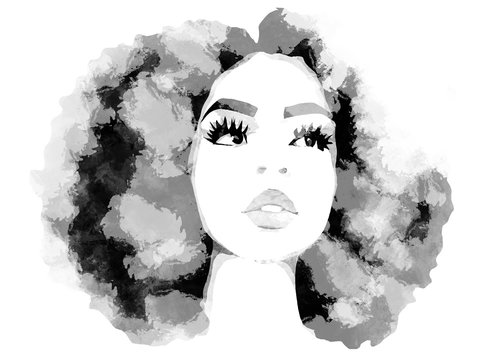 Watercolor Art Painting Of Black Woman. Hair Care. African American Girl With Afro Hair, Illustration