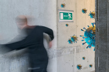 Corona Virus concept: Unidentifiable person running and fleeing towards emergency exit with corona...