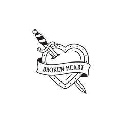 Old school tattoo emblem label with dagger heart symbols and wording broken heart. Traditional tattooing style ink.