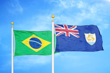 Brazil and Anguilla two flags on flagpoles and blue cloudy sky